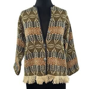 VINTAGE Devold Design Norway Cardigan Wool Fair Isle Fringe Button 40 Small VTG